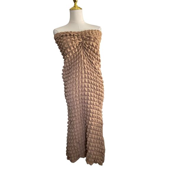 Shein Dress Womens Large Beige Textured Strapless Ruched Bodycon Tube Boho Chic - Picture 1 of 15